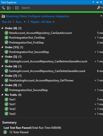 Visual Studio test explorer showing ordered tests