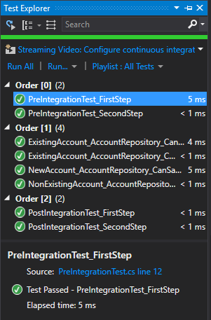 Visual Studio test explorer showing ordered tests