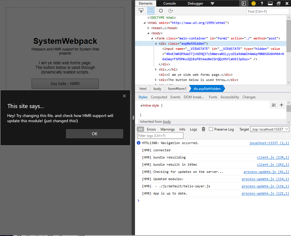 Webpack HMR running under an legacy ASP.NET sample project