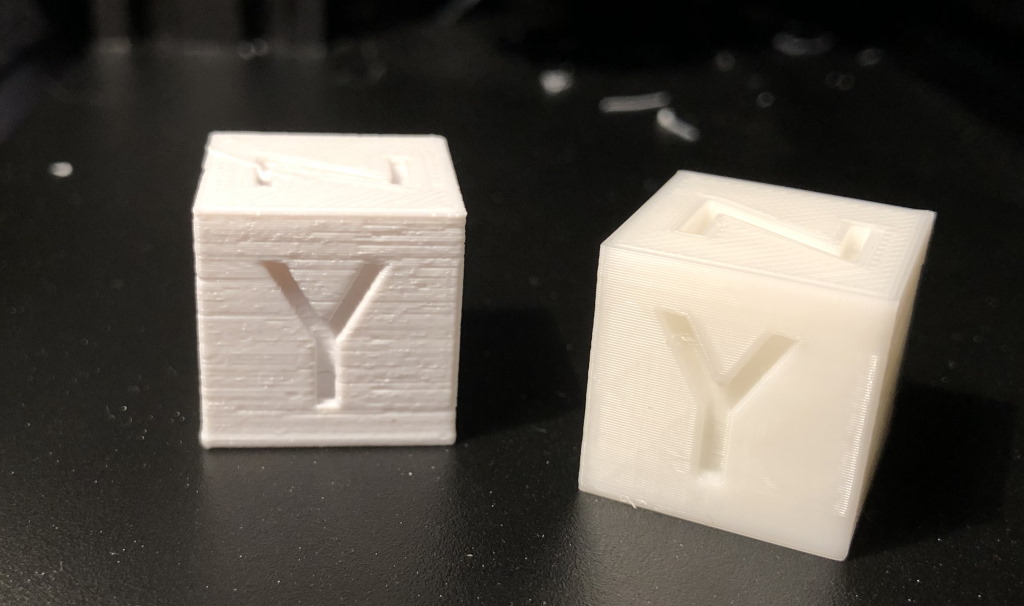 Calibration Cube comparison of bad vs good filament