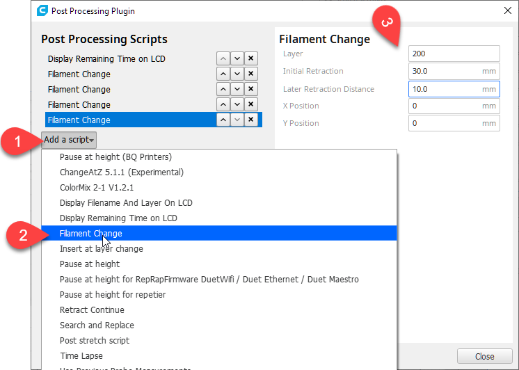 Cura post-processing scripts: filament change